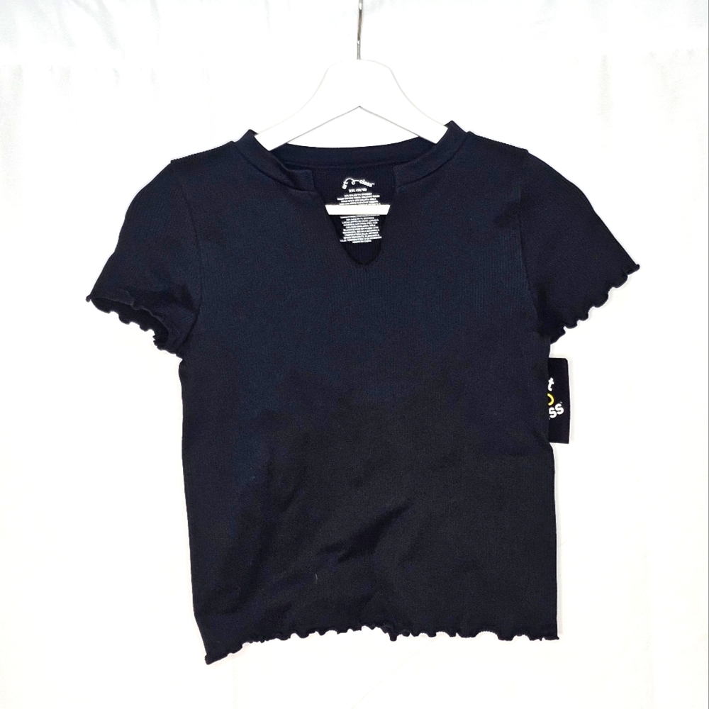 Art Class Black Fitted Ruffled V-Neck Short Sleeve T-Shirt